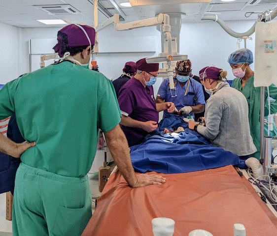 Healthcare professionals gathered around a bed & patient